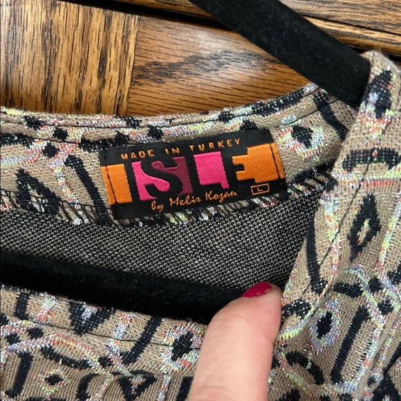 ISLE by Melis Kozan‎ Geometric Pattern Knit Sweater Dress Tan Women’s Size Large - Picture 2 of 4